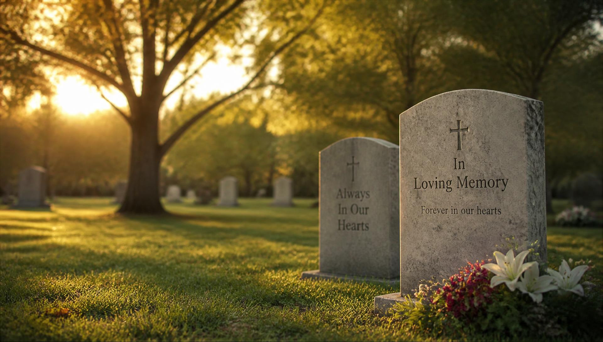 Sunlight through autumn trees over weathered headstones in a quiet cemetery